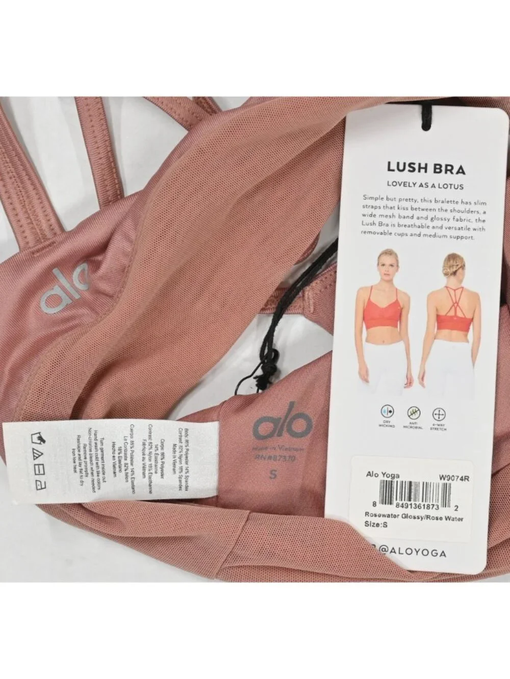 ALO Yoga Lush Bra W9074R in Rosewater Glossy/Rose Water
